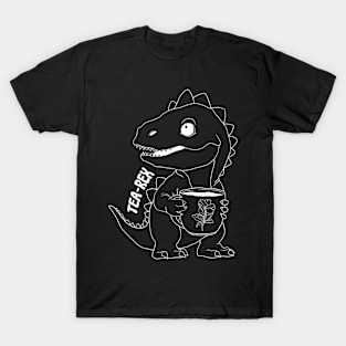 Tea Rex, T-Rex, Dinosaur, White Line Drawing T-Shirt